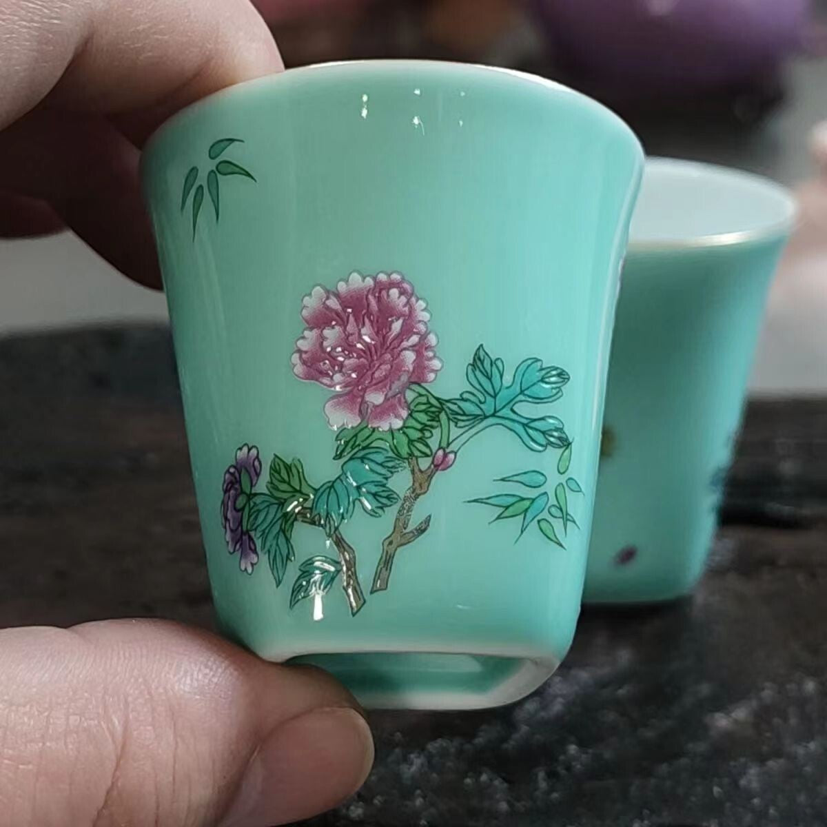 chinese jingdezhen porcelain famille rose tea cup :green flower