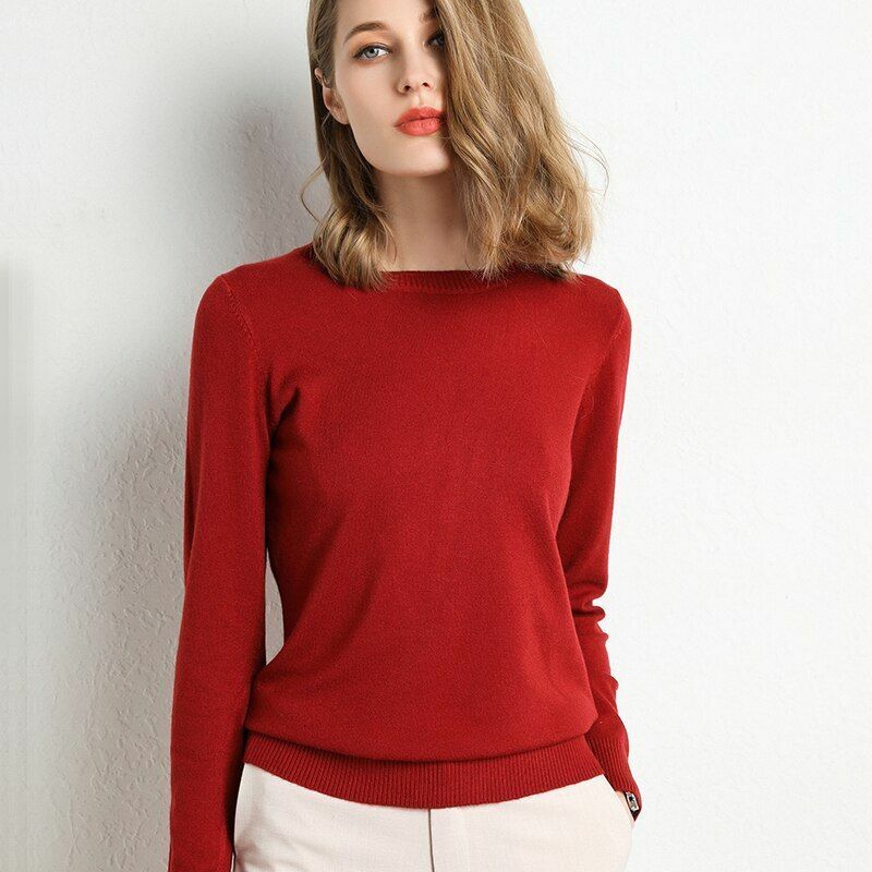 Women Sweater Clothes Solid Round Neck Jumper Long-sleeved Knitted Pullovers
