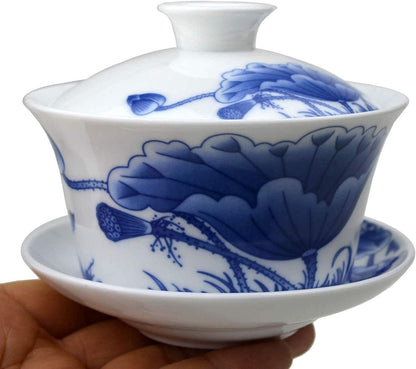 Porcelain Gaiwan 9oz Teacup Blue White Chinese Gongfu Tea Set Lip Cup Saucer