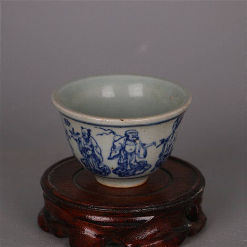 70ml Chinese Antique Ming Blue White Porcelain Eight Immortals Pattern Teacup