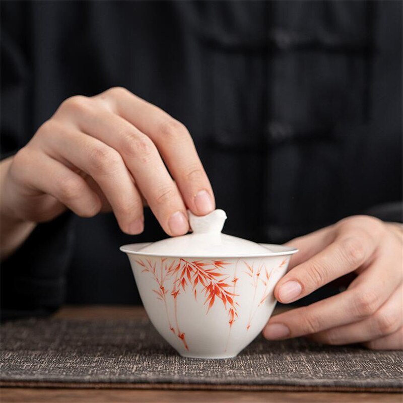 150ML Ceramic Tea Gaiwan Teacup Handmade Tea Tureen White Porcelain Tea Cup