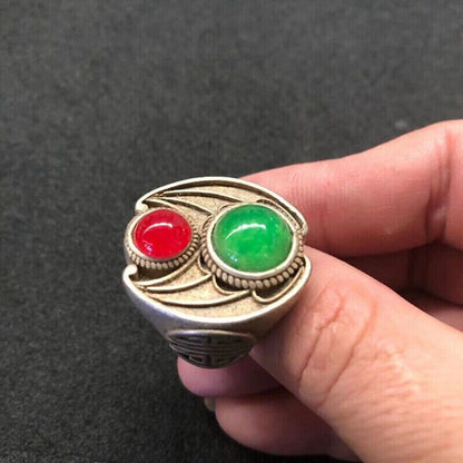 Chinese old Tibet Silver carving Bat pattern Red green jade Ring