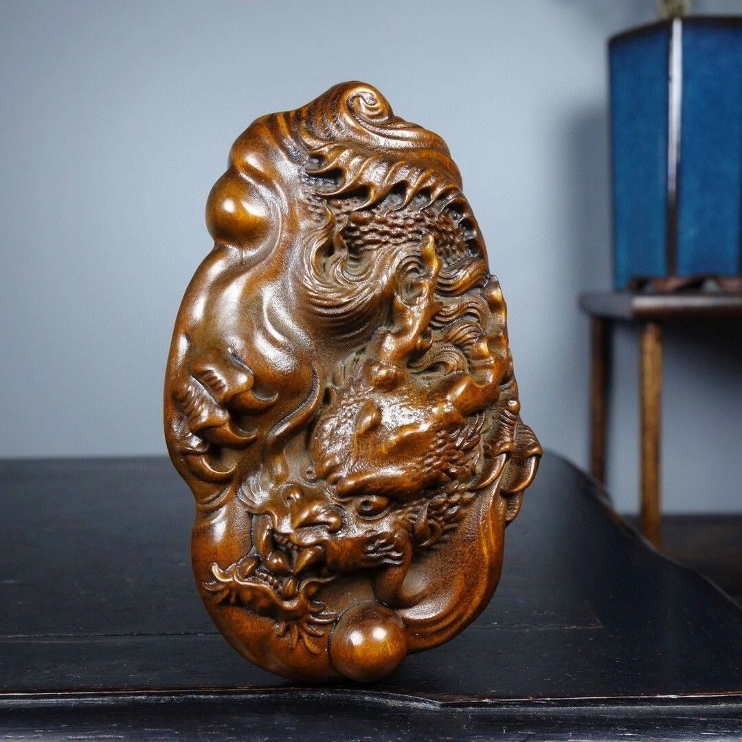 Chinese Boxwood Exquisite Dragon Statue Loong Two-sided Carving Desktop Decor
