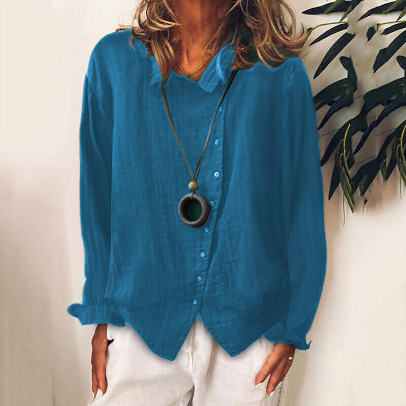 Women Cotton Linen Plain Blouse Tops Baggy Long Sleeve Casual Loose T-Shirt