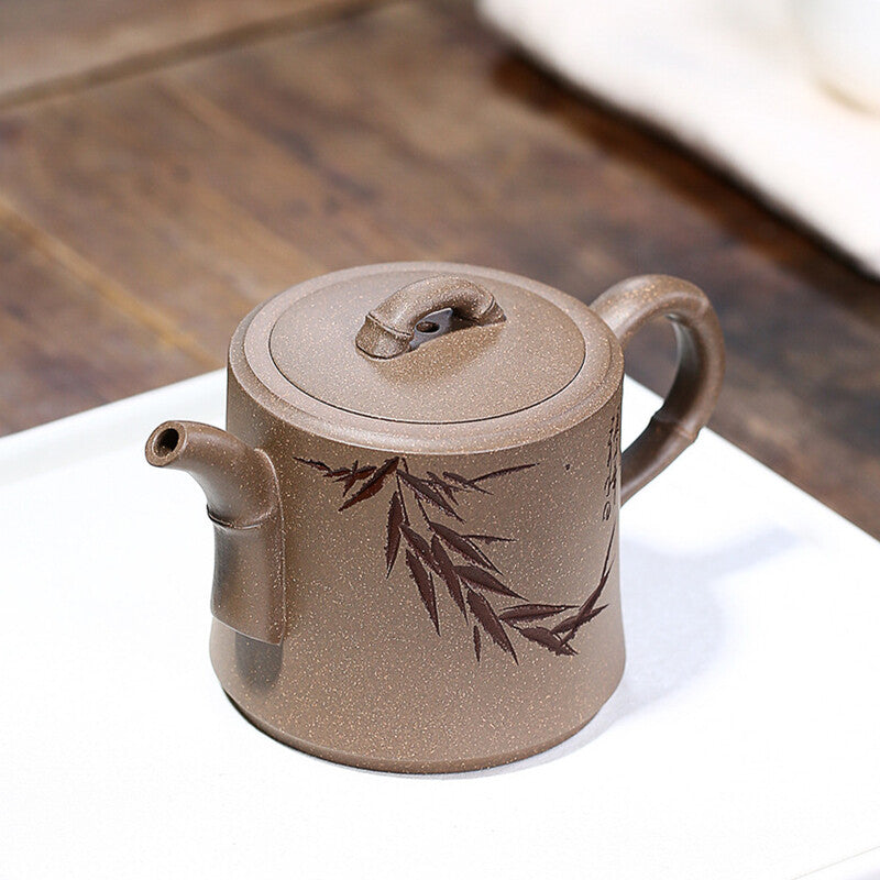 China Real Yixing Zisha Duan Clay Tea Pot Bamboo Carved 200ml Handmade Pot 6.8oz