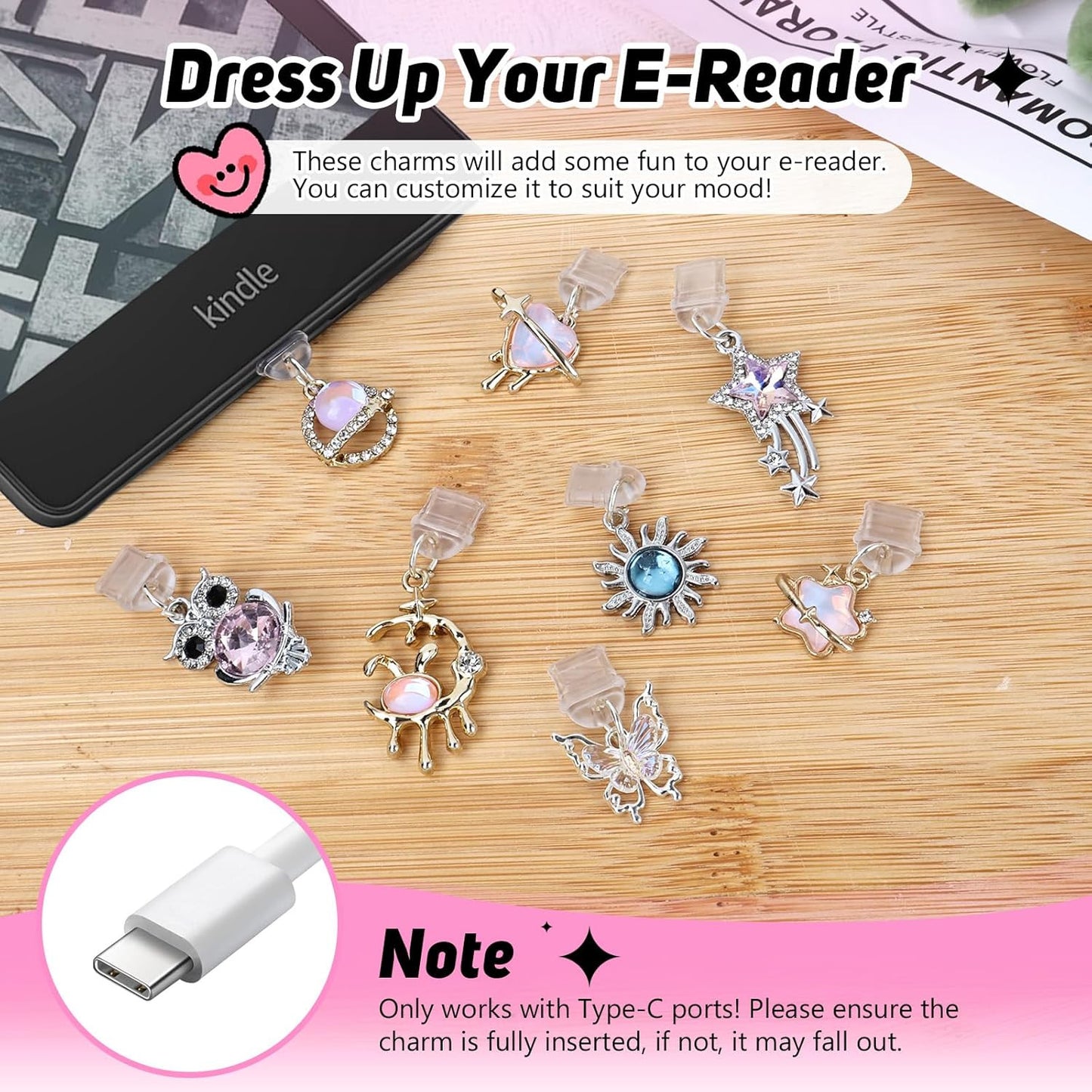8 Pack Anti-Dust Plug Charm for Kindle, USB C Dust Plug Compatible with Phone, T