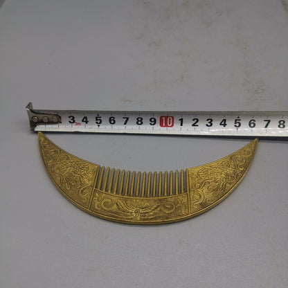 Vintage Brass Dragon Comb Crescent Shape Double Dragon Chinese Hair Tool Prop