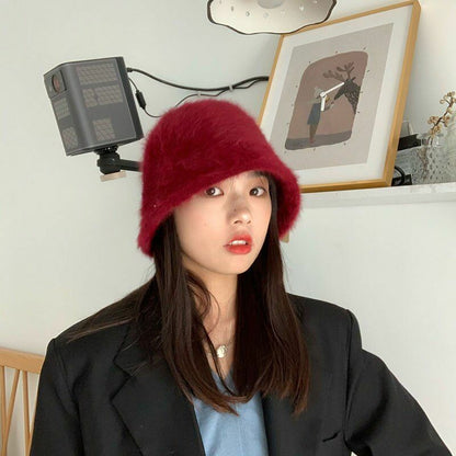 Hat Winter Women Solid Color Rabbit Fur Bucket Cap Fisherman Retro Knitted Wool