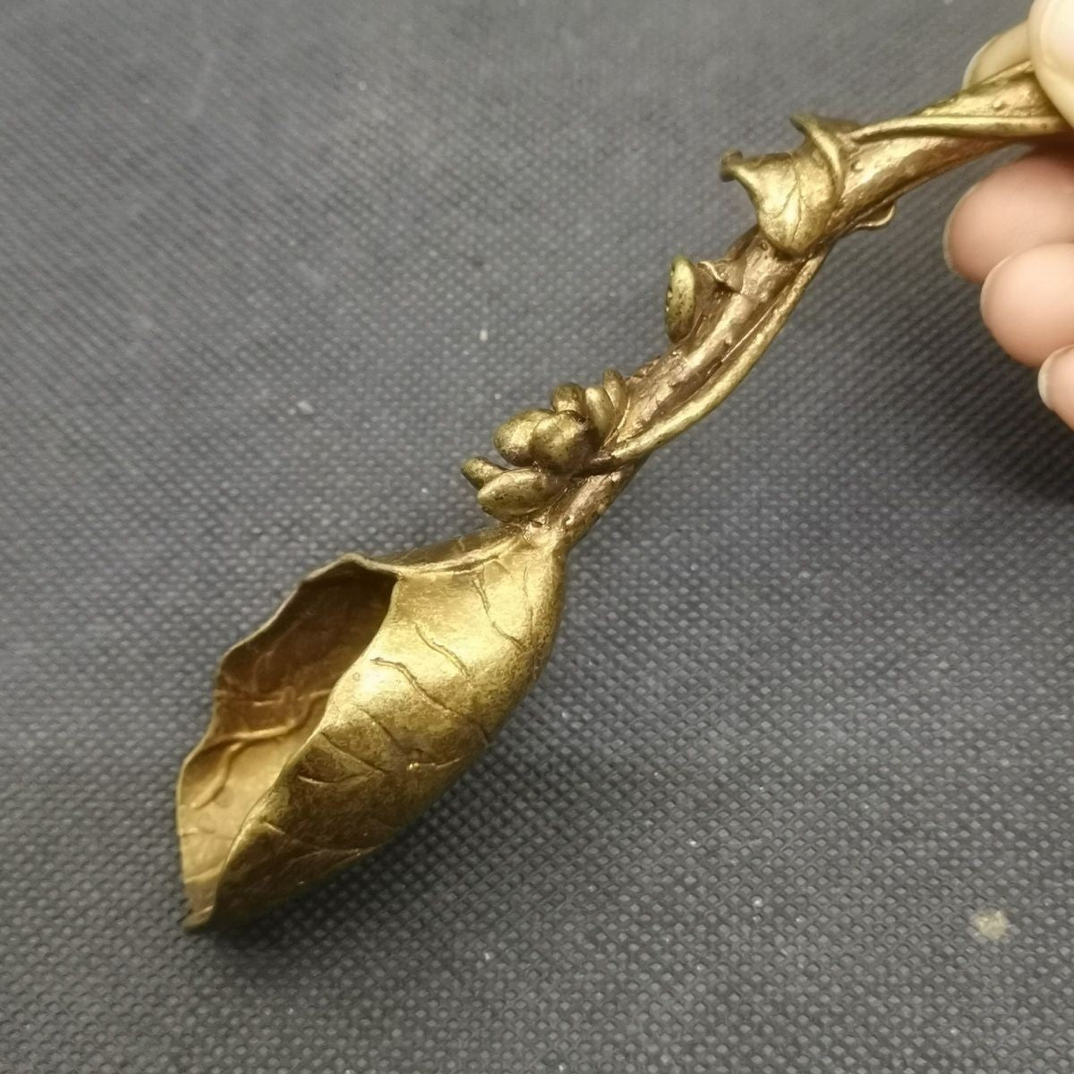 Vintage Brass Tea Spoon Lotus Leaf Flower Carved Tea Ceremony Scoop