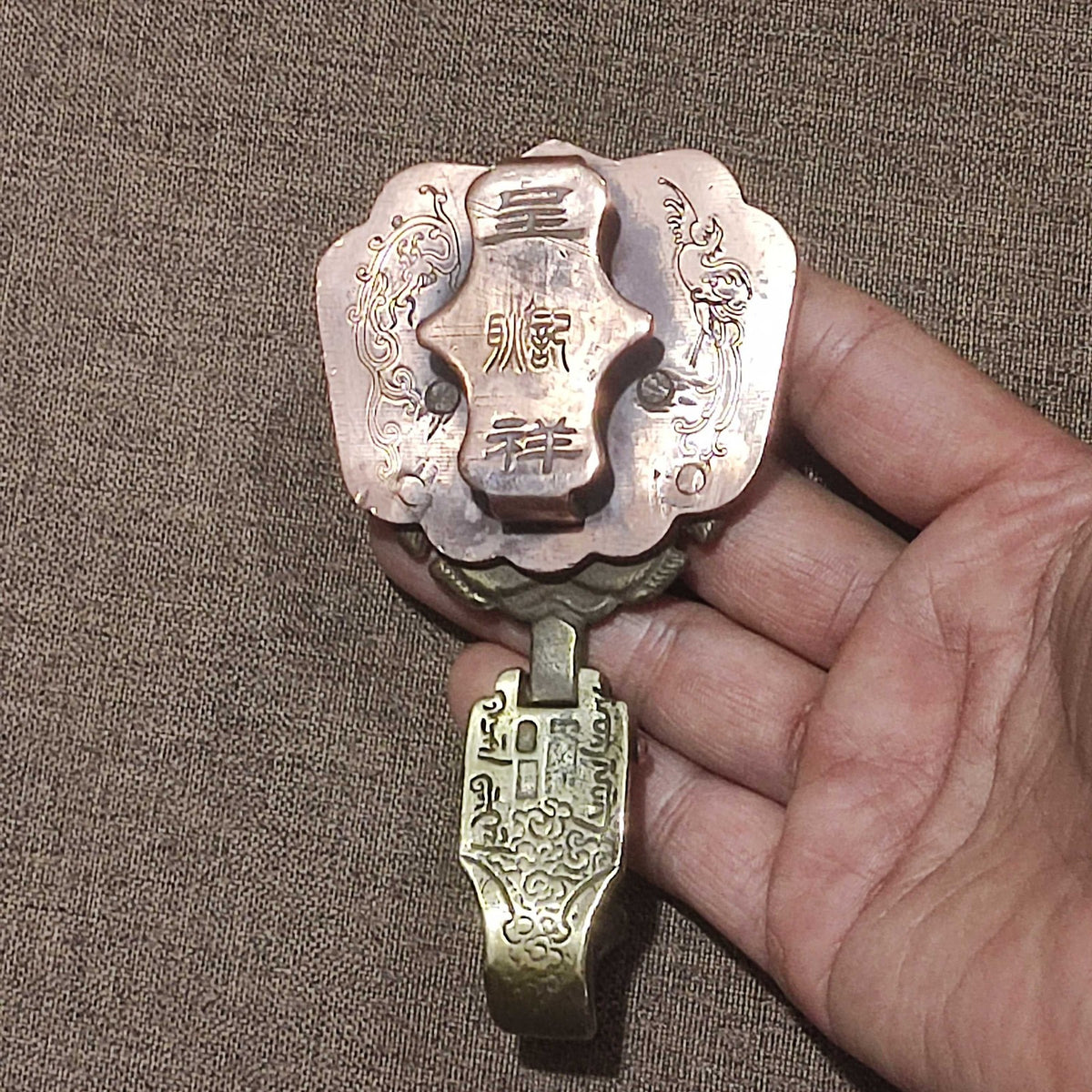 Vintage Red Copper Fish Belt Buckle 4.33×2.56in 165g Inlaid Brass Craft