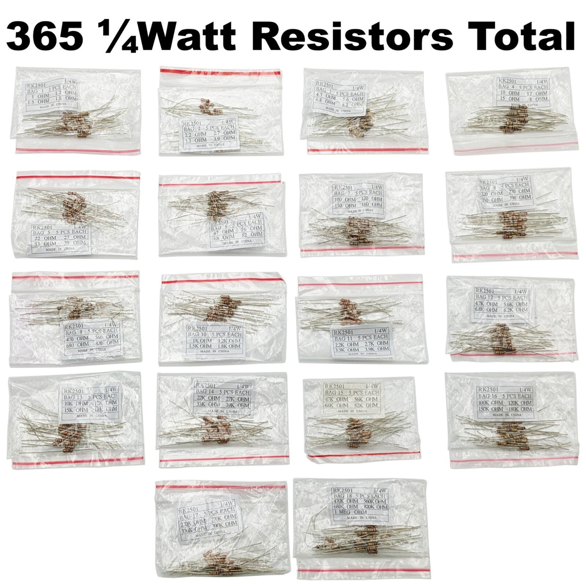 365 Piece Resistor Kit 1/4 Watt in Compartmentalized Cardboard Storage Box