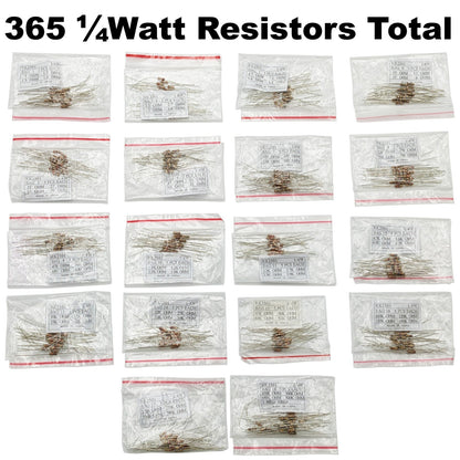 365 Piece Resistor Kit 1/4 Watt in Compartmentalized Cardboard Storage Box