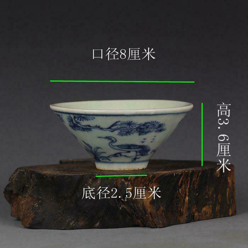 3.2 Inch Blue and White Porcelain Small Bowl Antique Chinese Deer Crane Teacup
