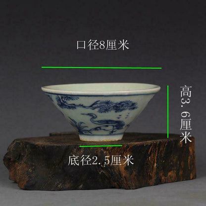 3.2 Inch Blue and White Porcelain Small Bowl Antique Chinese Deer Crane Teacup