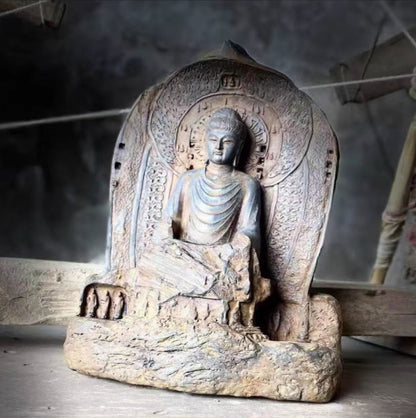 7.1" Old Stone Vairocana Buddha Statue Zen Religious Belief Shrine Home Decor