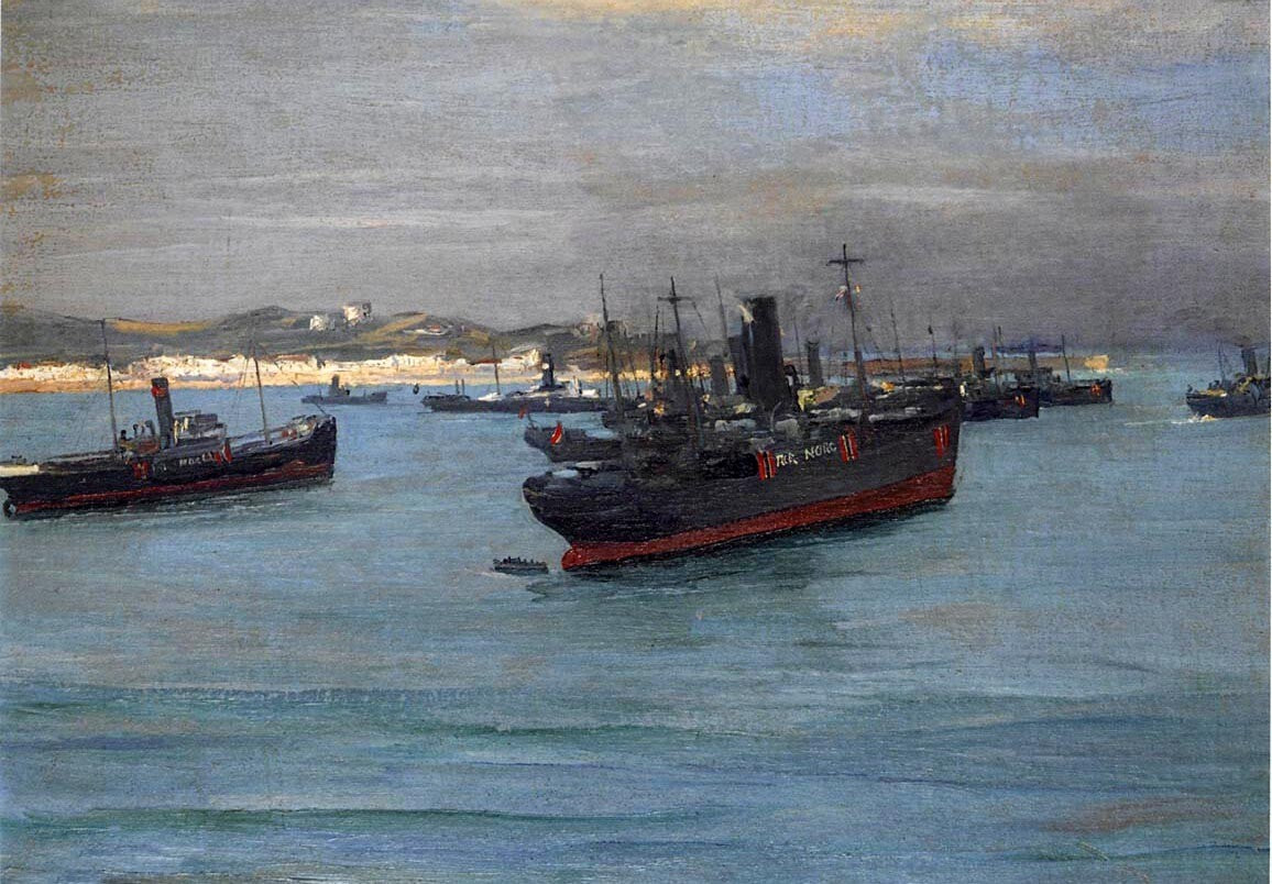 Oil painting Norwegian-Cargo-Boats-Sir-John-Lavery-oil-painting harbor landscape