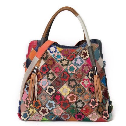 Genuine Leather Cowhide Bag Handmade FlowersShoulder Bag Female Handbag