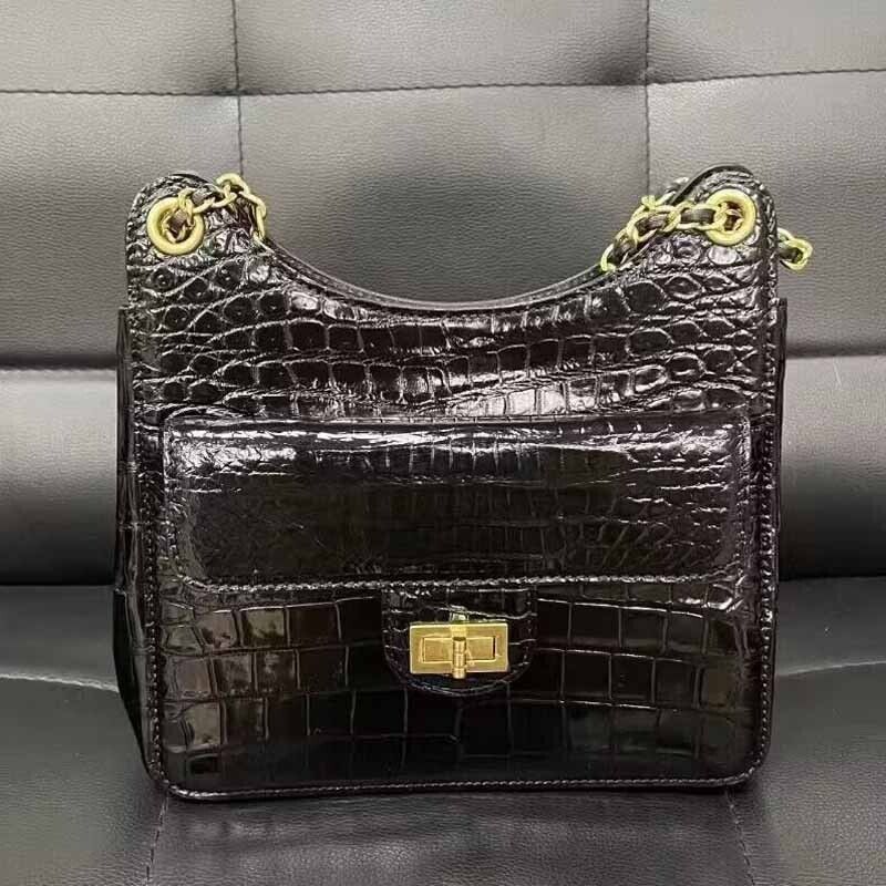 Black Alligator Crocodile Belly Skin Chain Bag, New Desinger Women's Shouler Bag