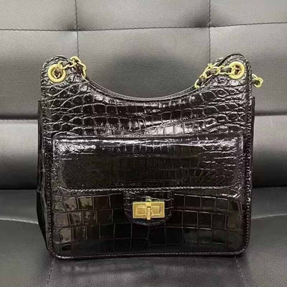 Black Alligator Crocodile Belly Skin Chain Bag, New Desinger Women's Shouler Bag