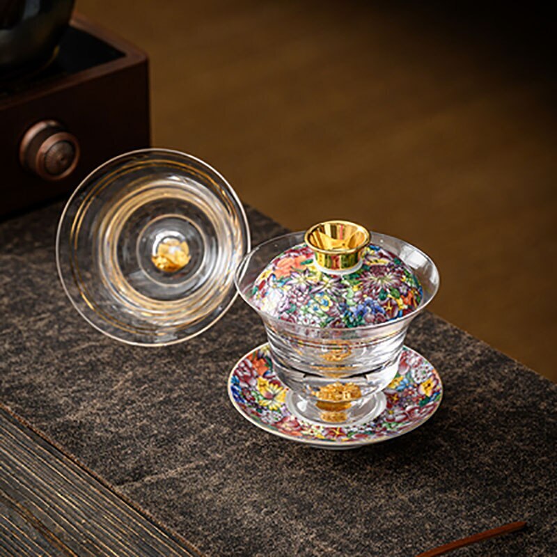 Tea Bowl Thickened Glass Tureen Tea Cover Bowl Lid Sancai Gaiwan Hand Painted