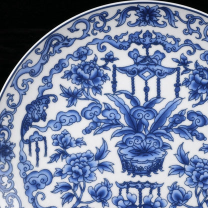 10" Old Chinese Blue and white porcelain Hand Painted Bogu pattern plate