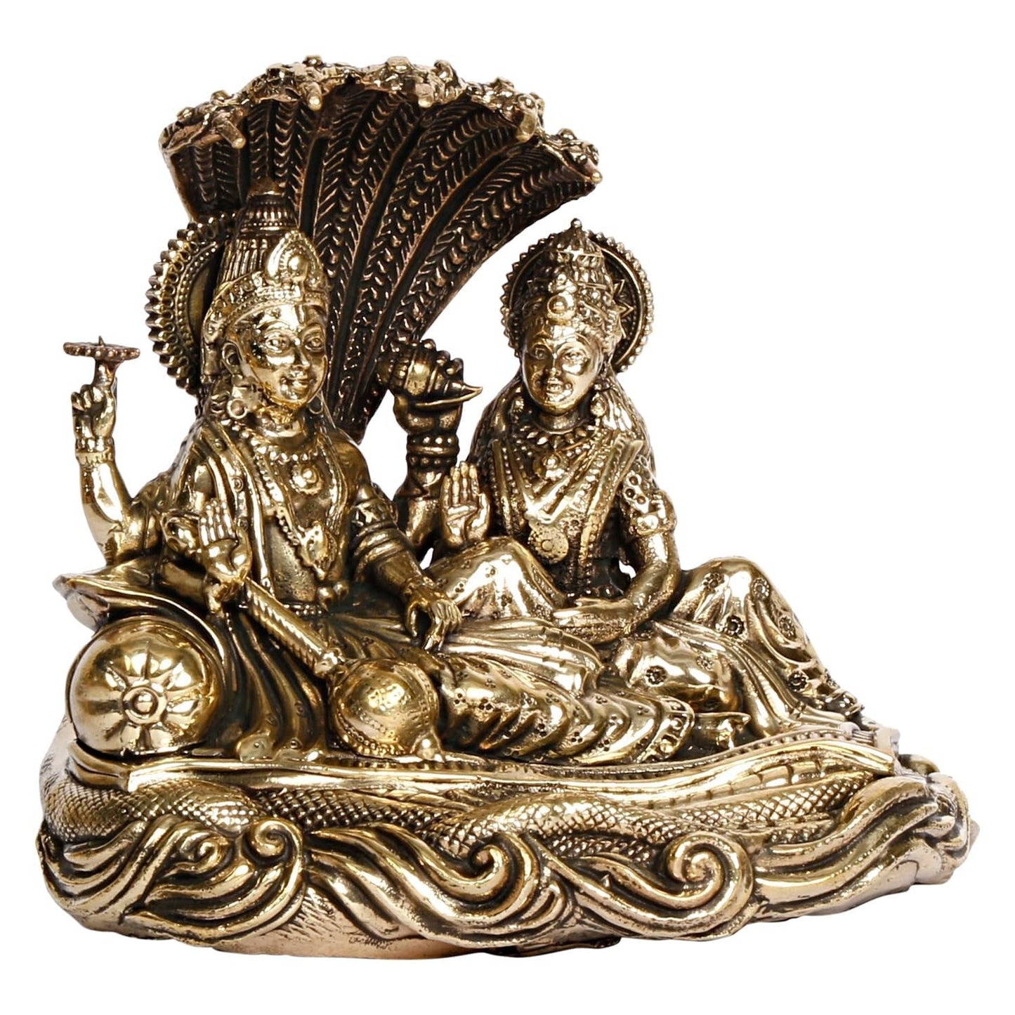 Hindu God Brass Lord Lakshmi Vishnu Idol Seated on Sheshnag Idol Figurine