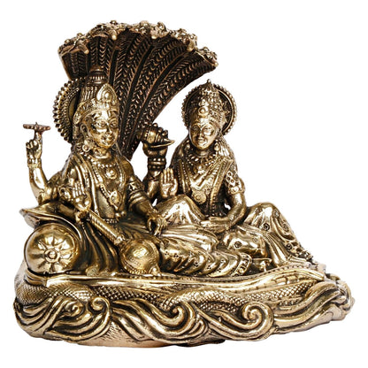Hindu God Brass Lord Lakshmi Vishnu Idol Seated on Sheshnag Idol Figurine