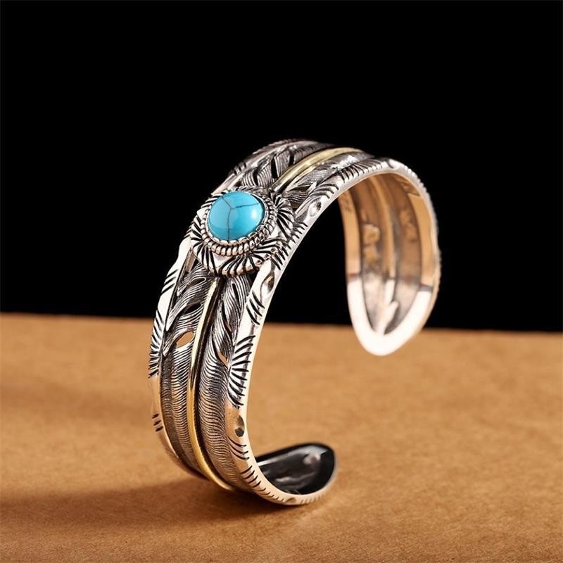 Turquoise imitation Feather Bangle Open Cuff Bracelet Women Retro Jewelry