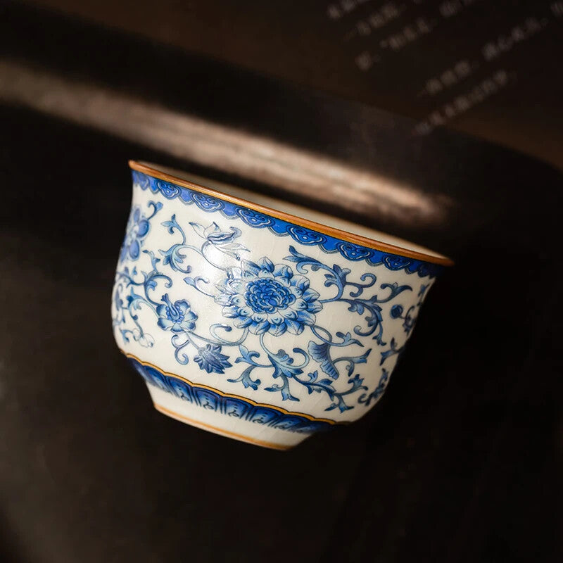 65ml Ru Kiln Blue and White Entangled Lotus Round Tea Cup Exclusive Single Cup