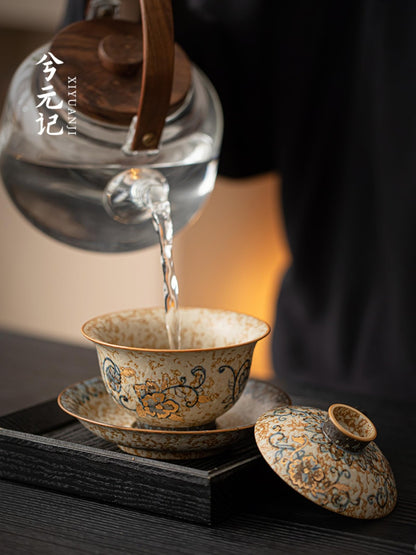 Tea Set Ceramics Gaiwan 190ml 6.8oz Hand-drawn Tea Bowl Kungfu Tea Set