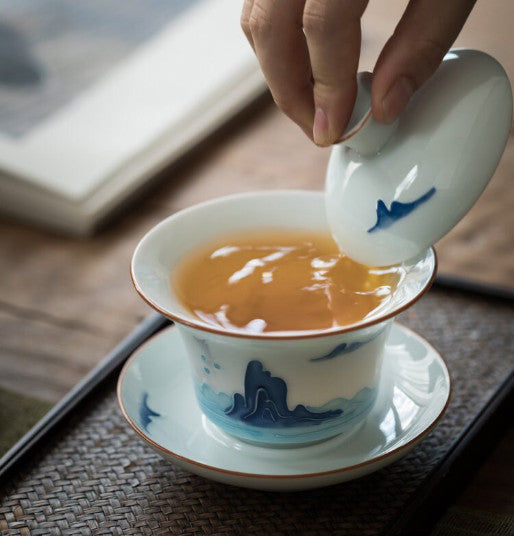 Ceramic Gaiwan Porcelain Tea Tureen Handpainted Mountain Chawan Puer Tea Maker