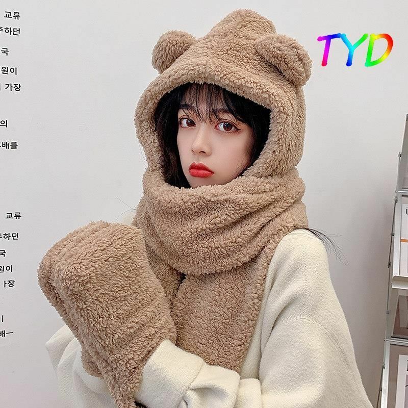Women Fluffy Scarf Hat Gloves Set Warm 3In1 Hooded Cartoon Bear Cute Ears Winter