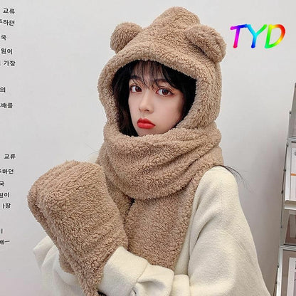 Women Fluffy Scarf Hat Gloves Set Warm 3In1 Hooded Cartoon Bear Cute Ears Winter