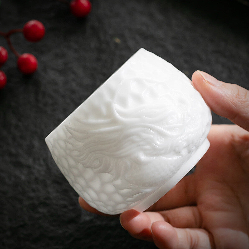 Handmade Tea Cup Porcelain Dragon Carved Master Cup 180ml China Tea Cup Ceramic