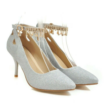Slip On Women Pumps Shoes Beads Ankle Strap Stiletto Heels Pointy Toe Bling Chic