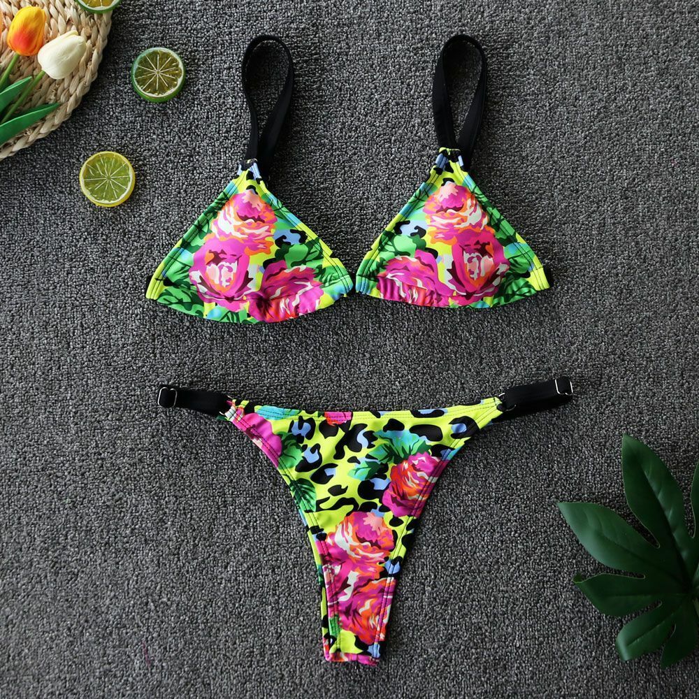 Women Swimsuit Sexy Print Bikinis Ruffled Swimwear Halter Bathing Suit Biquinis