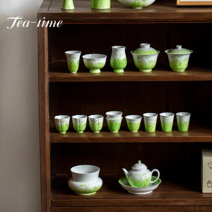 150ml Retro Grass Green Ceramic Tea Tureen Hand-painted Bamboo Tea Bowl