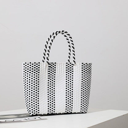 Plastic Hand-woven Bag Large Square Shopping Basket Bag Shoulder Purse Tote Bags