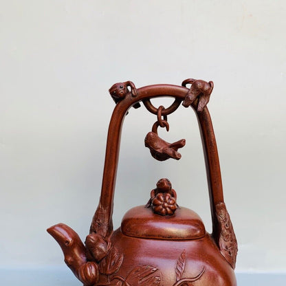 Chinese Yixing Zisha Clay Handmade Exquisite Teapot （提梁吊猴紫砂壶 底款：陈鸣远 ）