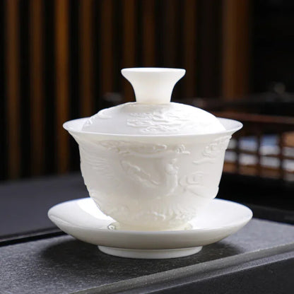 Kung Fu Tea Set Tureen Ceramic Simple Portable Dragon and Phoenix Cups Gaiwan