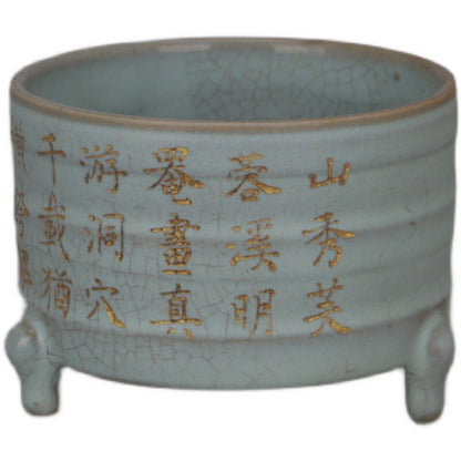 3.5 inch Chinese Song Porcelain Ru Kiln Celeste Glazed Three Foot Incense Burner -