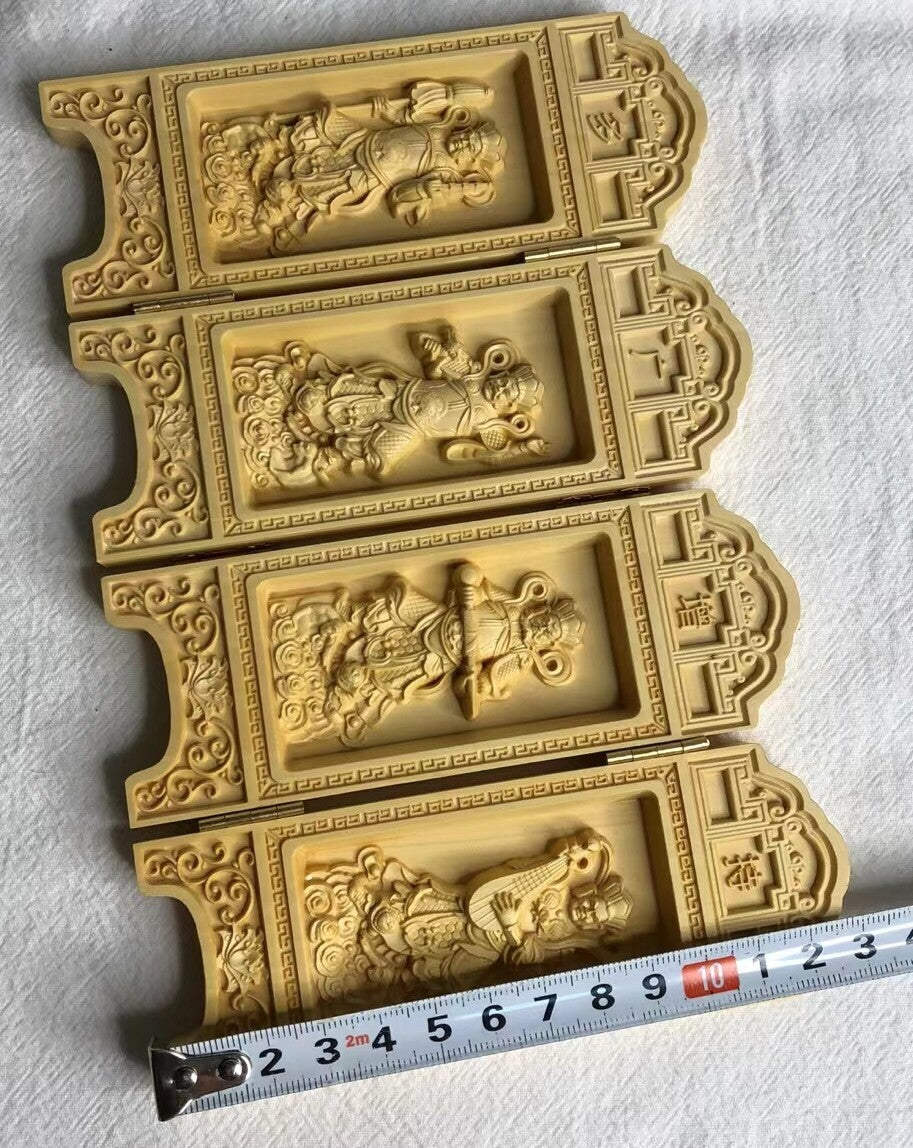 Boxwood Carving Four Tennos Folding Screen Panel Buddhist Decorative Shrine -