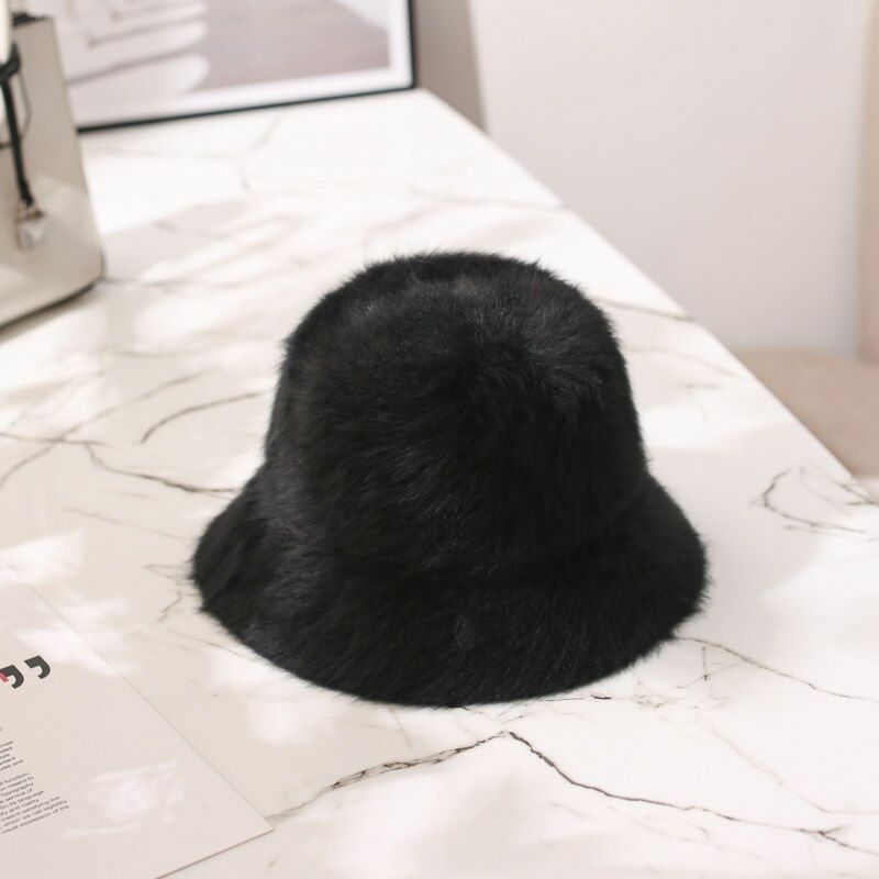 Hat Winter Women Solid Color Rabbit Fur Bucket Cap Fisherman Retro Knitted Wool