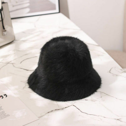 Hat Winter Women Solid Color Rabbit Fur Bucket Cap Fisherman Retro Knitted Wool