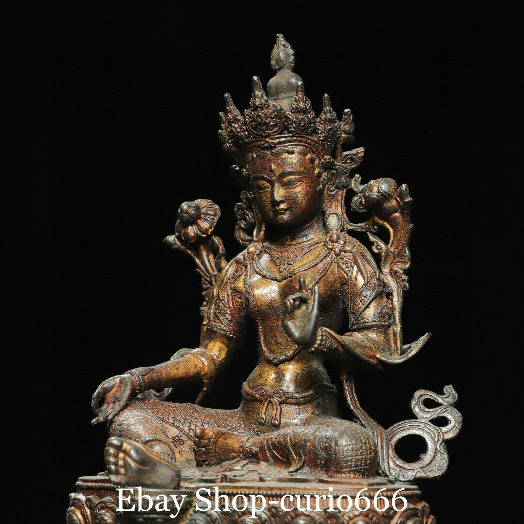8'' Old Tibet Pure Bronze Gilt Green Tara Mahayana Enlightenment Goddess Buddha