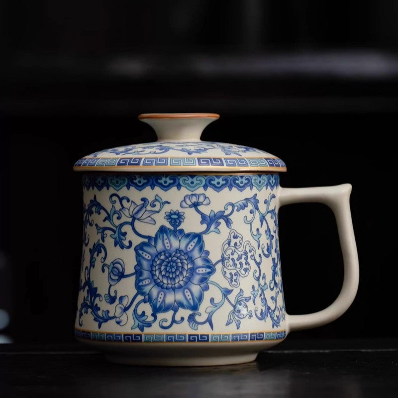 Ceramic Tea Cup With Handle Lid Blue-and-white Porcelain Office Mug Ruyao Craft