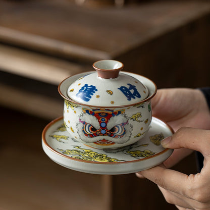 Ru Kiln Lion Awakening Three Cai Gaiwan Teacup Kung Fu Ceramic Tea Set