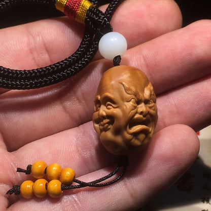 Natural Olive Nut Carved Four-Face Buddha Head Statue Bead Pendant Amulet Decor