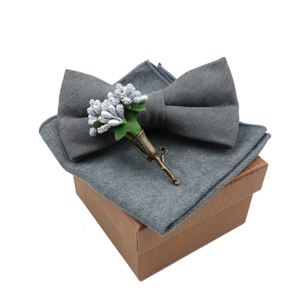 Men Bow Ties 3Pcs Cotton Handkerchief Flower Brooch Women Party Wedding Necktie