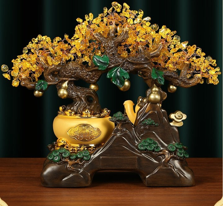 Yellow Crystal Stone Money Tree Bonsai Fortune Cat Statue Wealth Feng Shui Decor